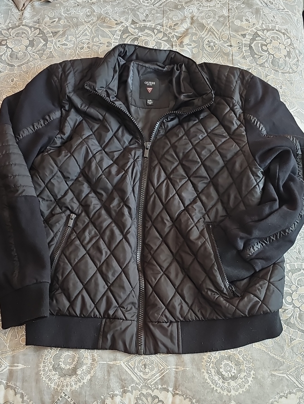 Men's GUESS Quilted Black Bomber Jacket with Ribbed Trim